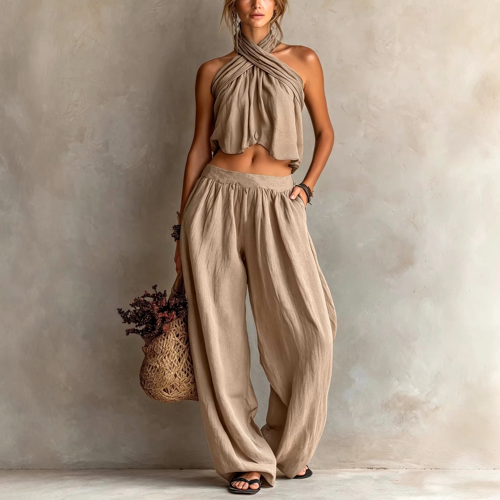 Gemma - Women's Halter Crossover Wide Leg Matching Set 2