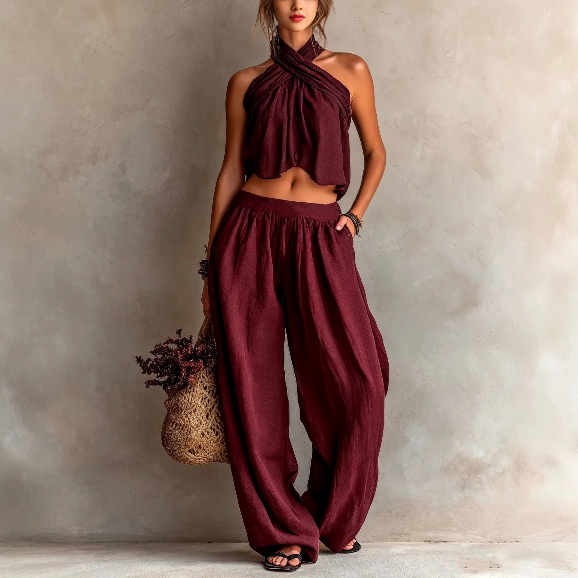 Gemma - Women's Halter Crossover Wide Leg Matching Set 3