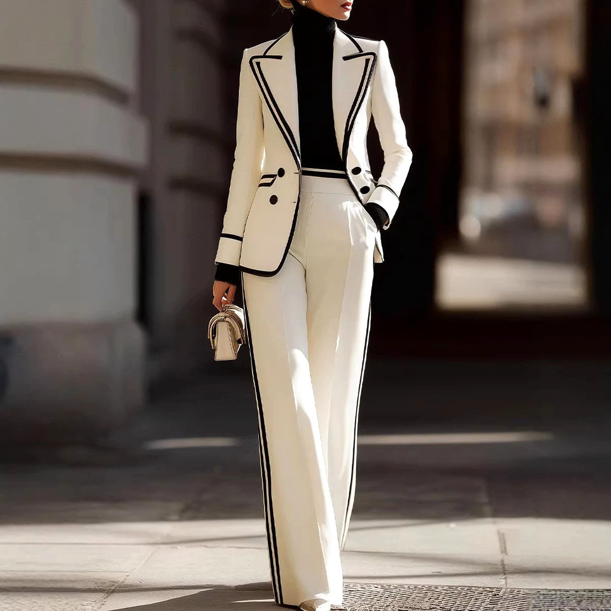 Genevieve - Women's Contrast Trim Blazer & Trouser Set 1