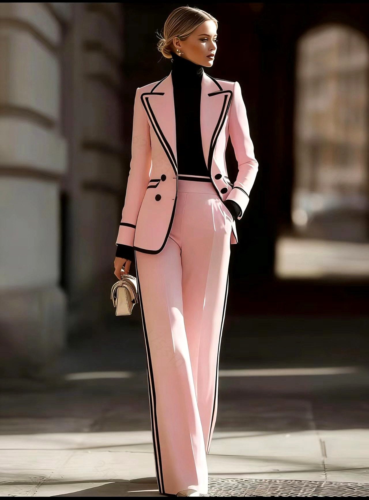 Genevieve - Women's Contrast Trim Blazer & Trouser Set 2