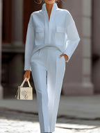 Gisela - Women's Mandarin Collar Top and Pleated Pants Set 2