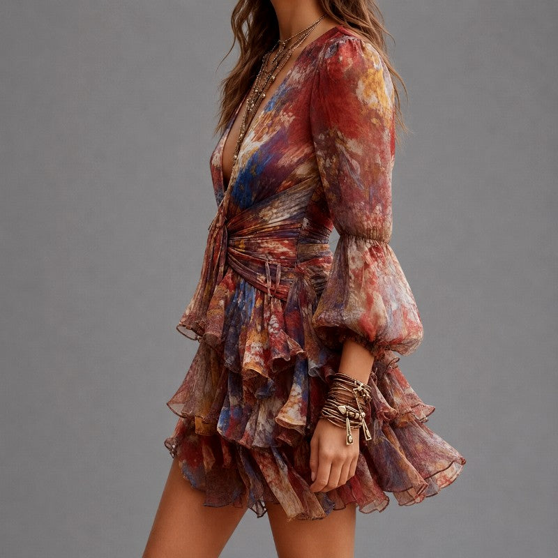 Gisela - Women's Watercolor Printed Ruffle Mini Dress 2