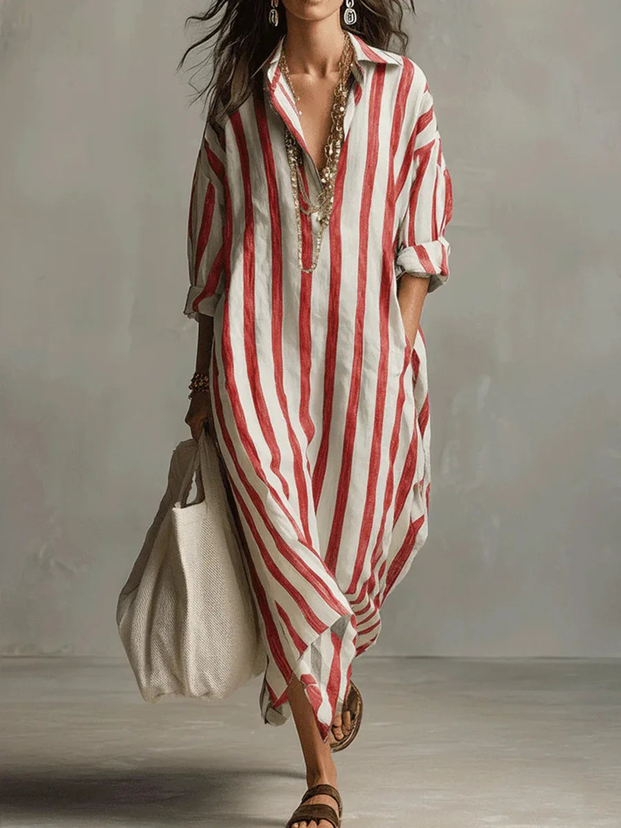 Giselle - Women's Striped Button-Front Maxi Shirt Dress