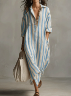 Giselle - Women's Striped Button-Front Maxi Shirt Dress