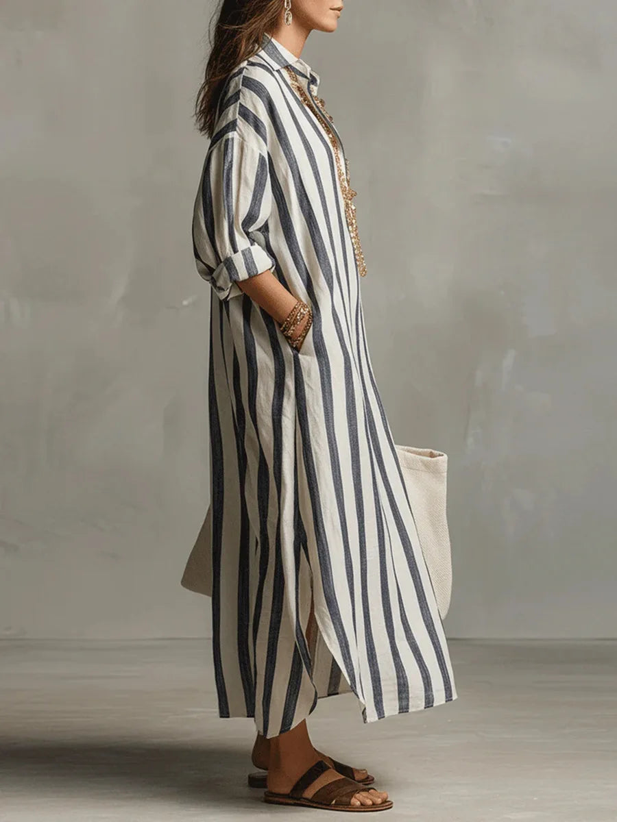 Giselle - Women's Striped Button-Front Maxi Shirt Dress