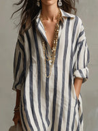 Giselle - Women's Striped Button-Front Maxi Shirt Dress