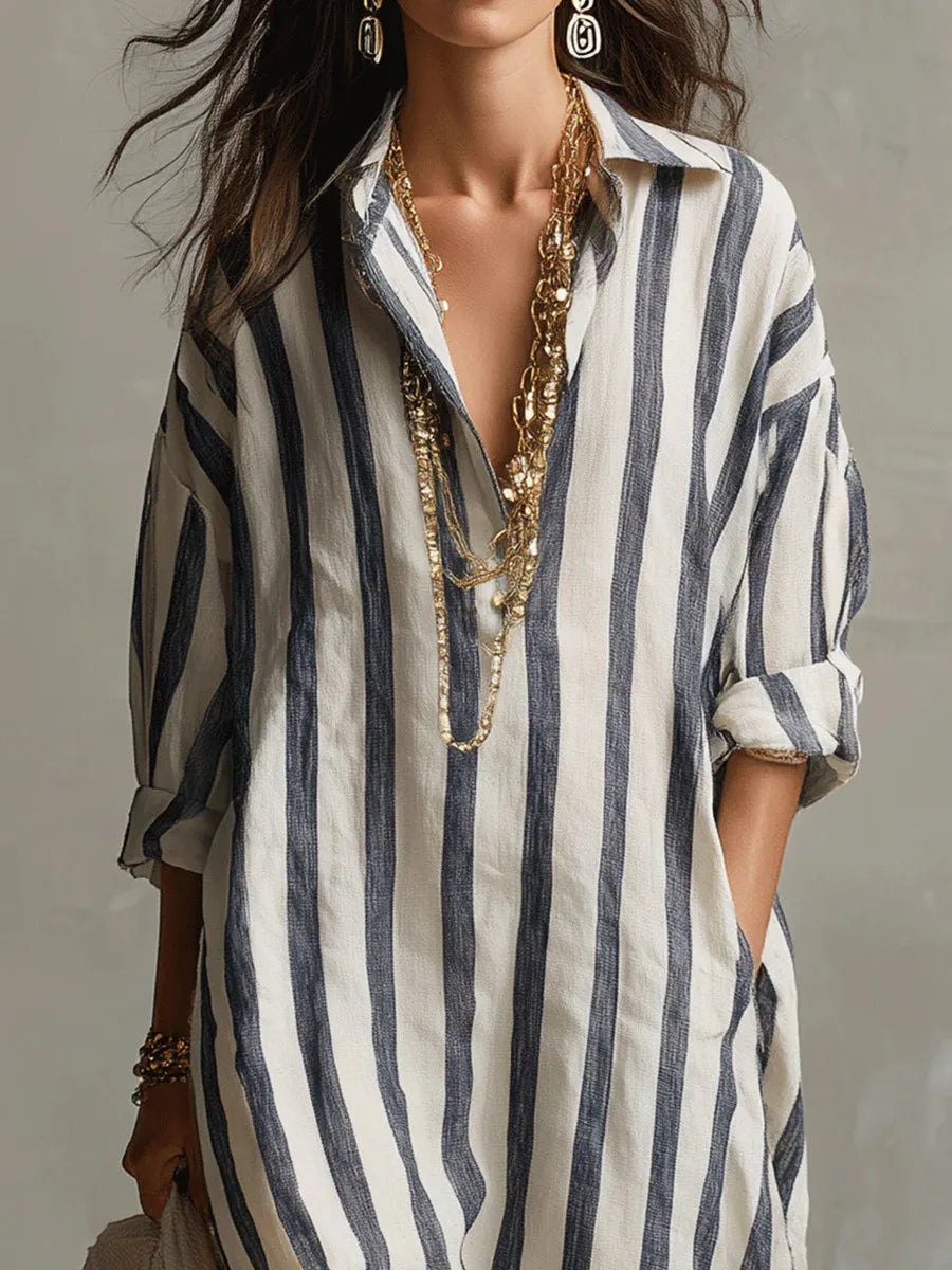Giselle - Women's Striped Button-Front Maxi Shirt Dress