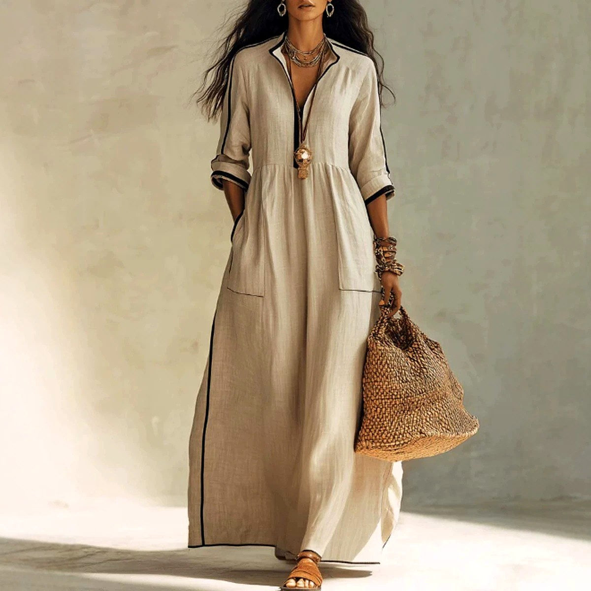 Glenda - Women's Stand Collar Long Sleeve Boho Maxi Dress 1