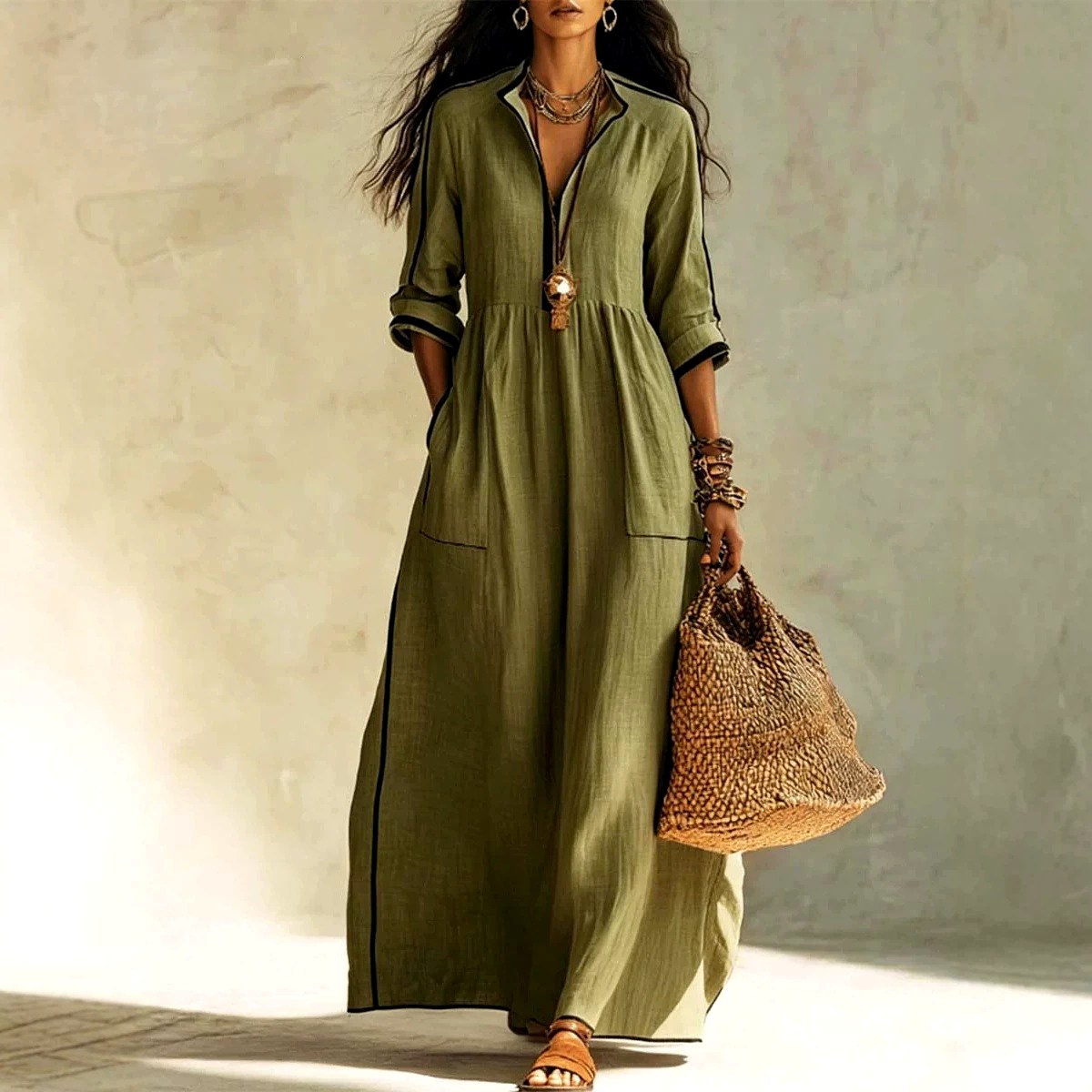 Glenda - Women's Stand Collar Long Sleeve Boho Maxi Dress 2