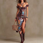 Grace - Women's Patchwork Off-the-Shoulder Resort Midi Dress 1