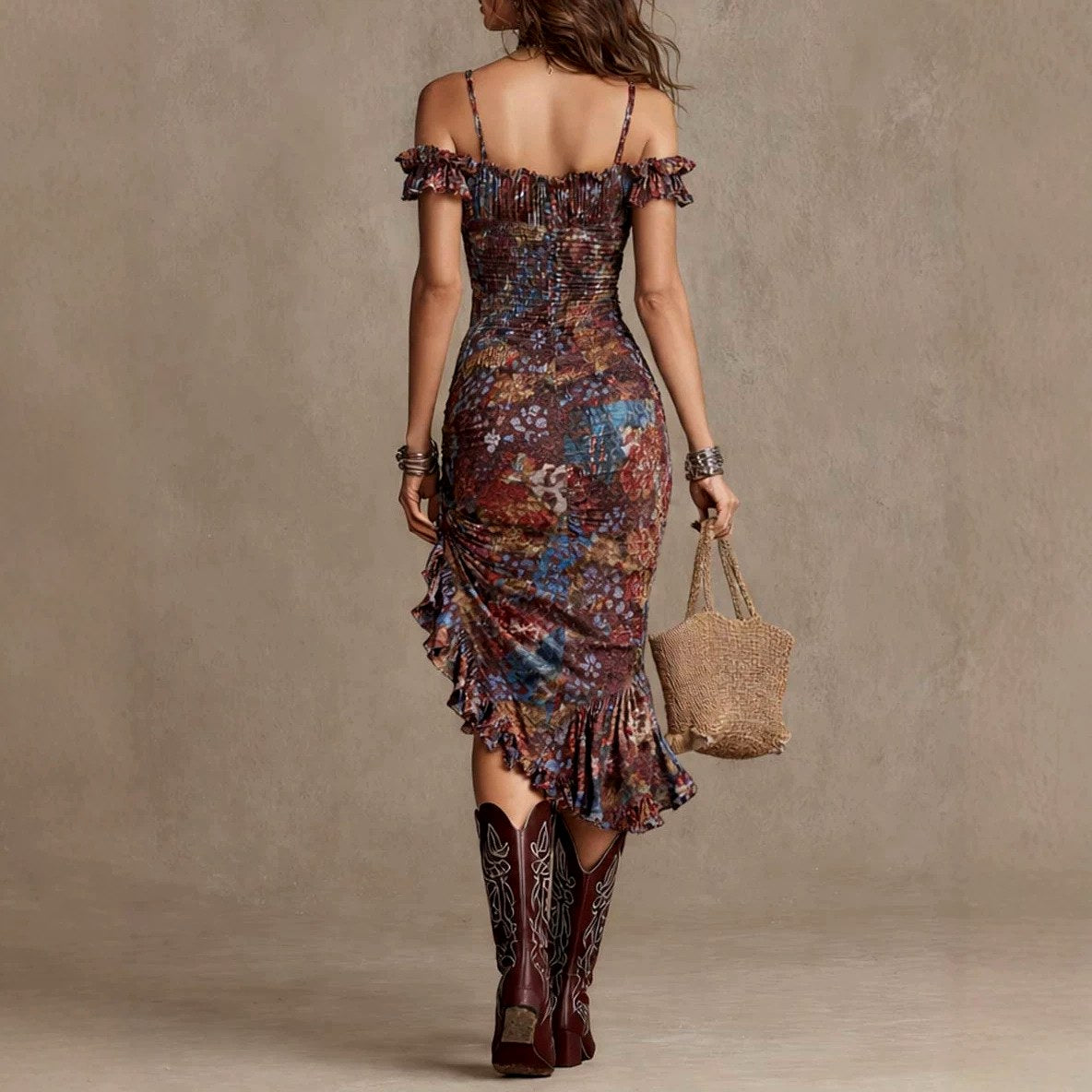 Grace - Women's Patchwork Off-the-Shoulder Resort Midi Dress 2