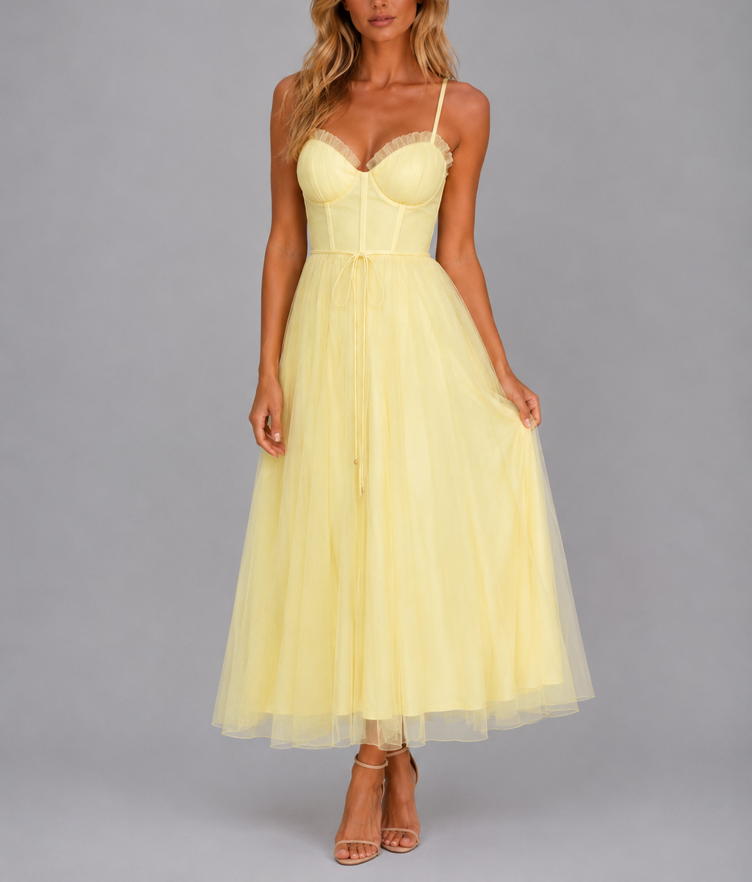 Greta - Women's Corset Bodice Tulle Midi Dress