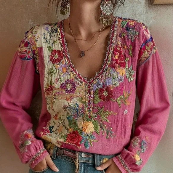 Guinevere - Women's Floral V-Neck Boho Long Sleeve Top 1