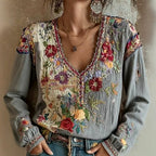 Guinevere - Women's Floral V-Neck Boho Long Sleeve Top 5