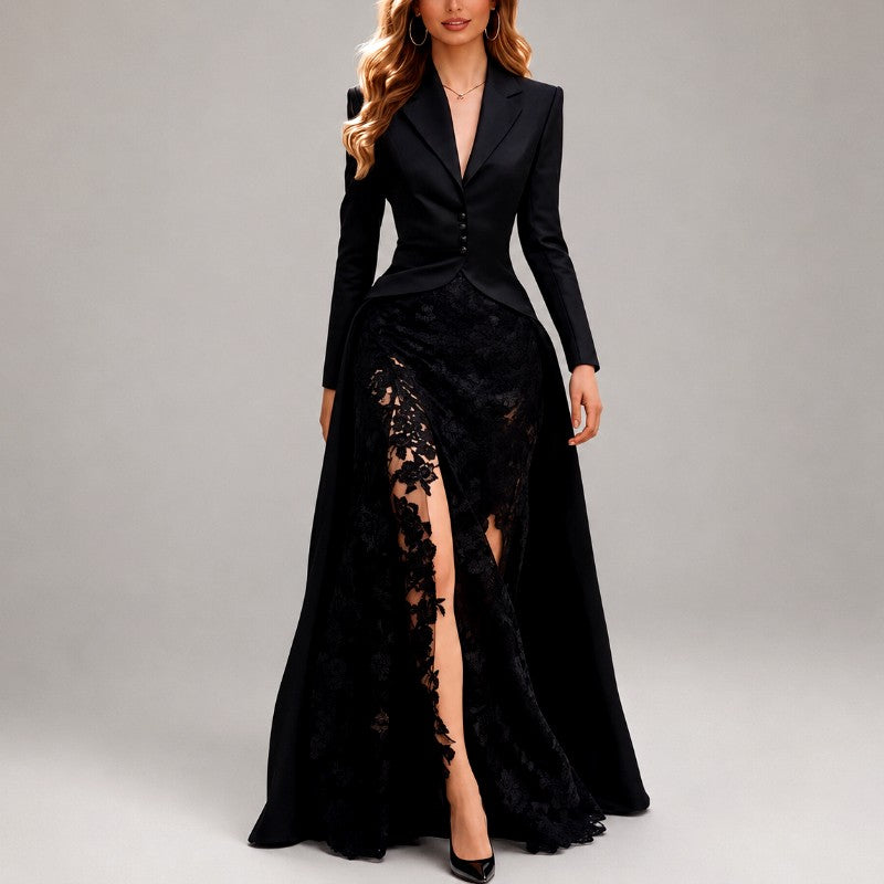 Guinevere - Women's Long Blazer & Elegant Lace Skirt Set 1