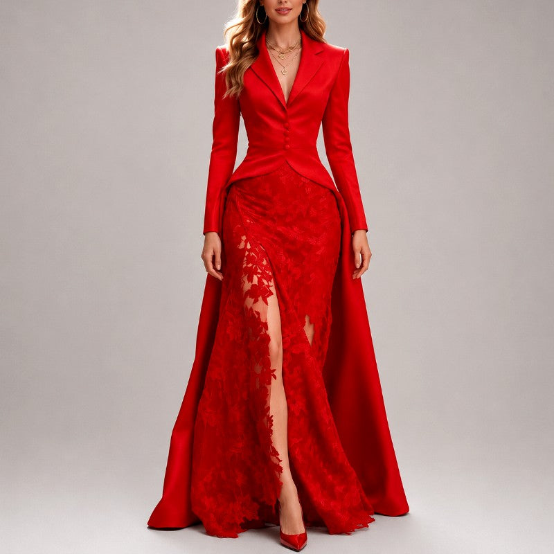 Guinevere - Women's Long Blazer & Elegant Lace Skirt Set 2