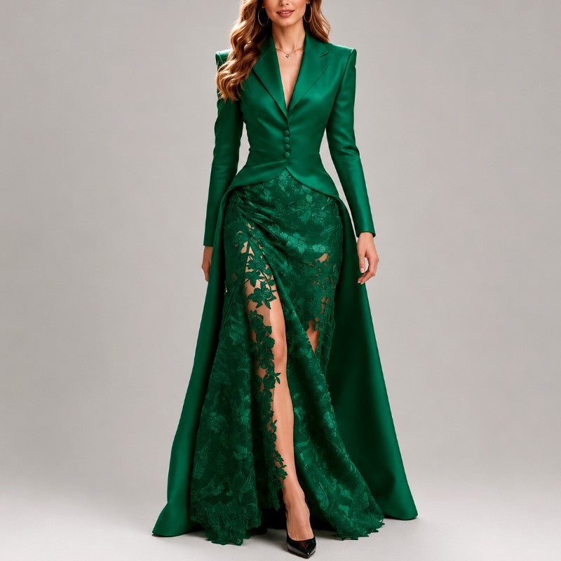 Guinevere - Women's Long Blazer & Elegant Lace Skirt Set 3