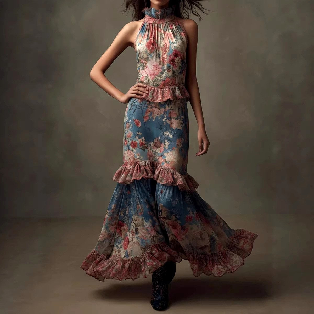 Hadley - Women's Floral High-Neck Ruffle Maxi Dress 1
