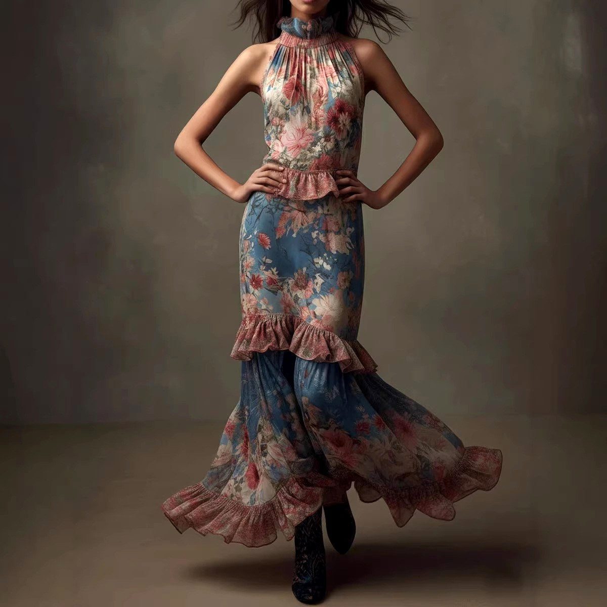 Hadley - Women's Floral High-Neck Ruffle Maxi Dress 4