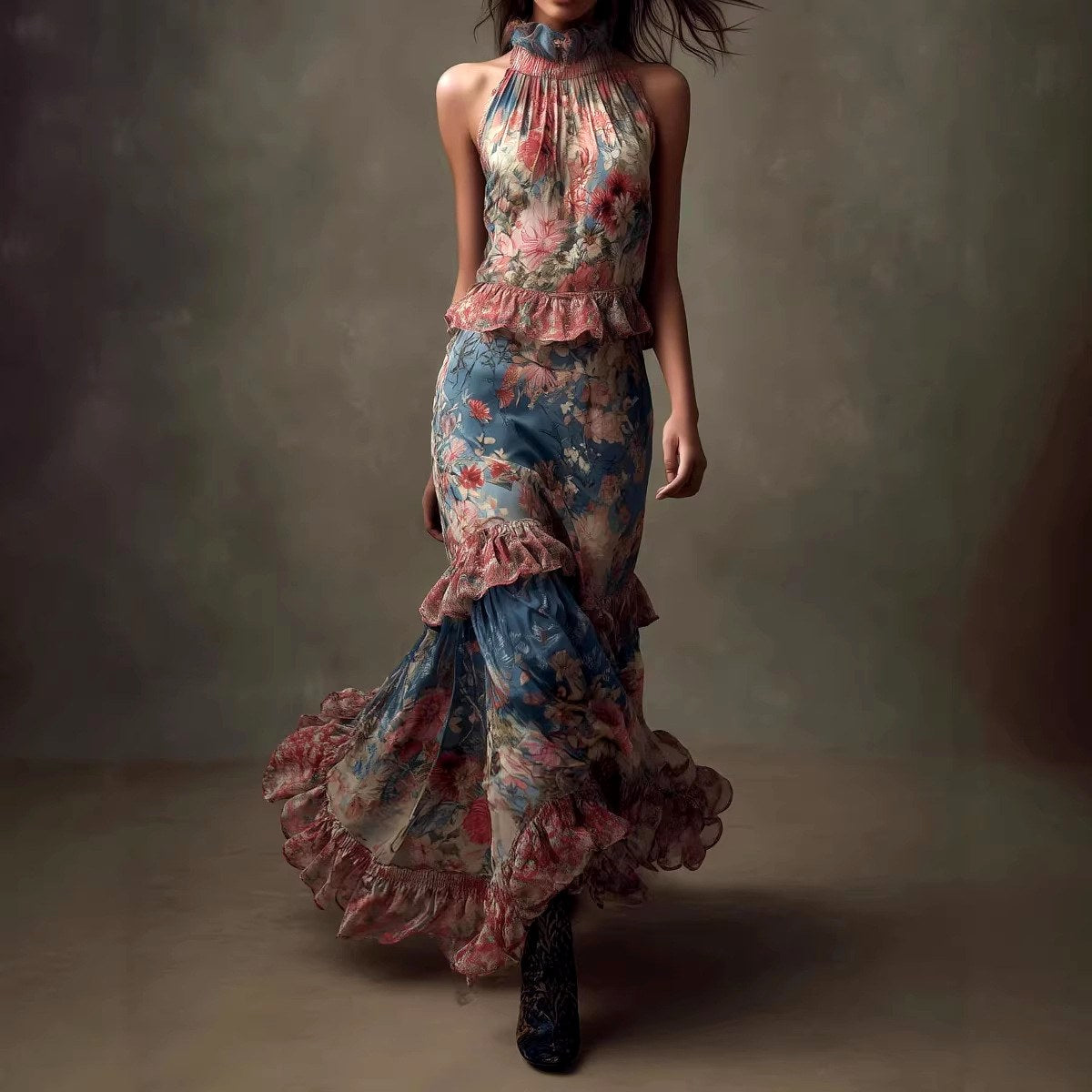 Hadley - Women's Floral High-Neck Ruffle Maxi Dress 5