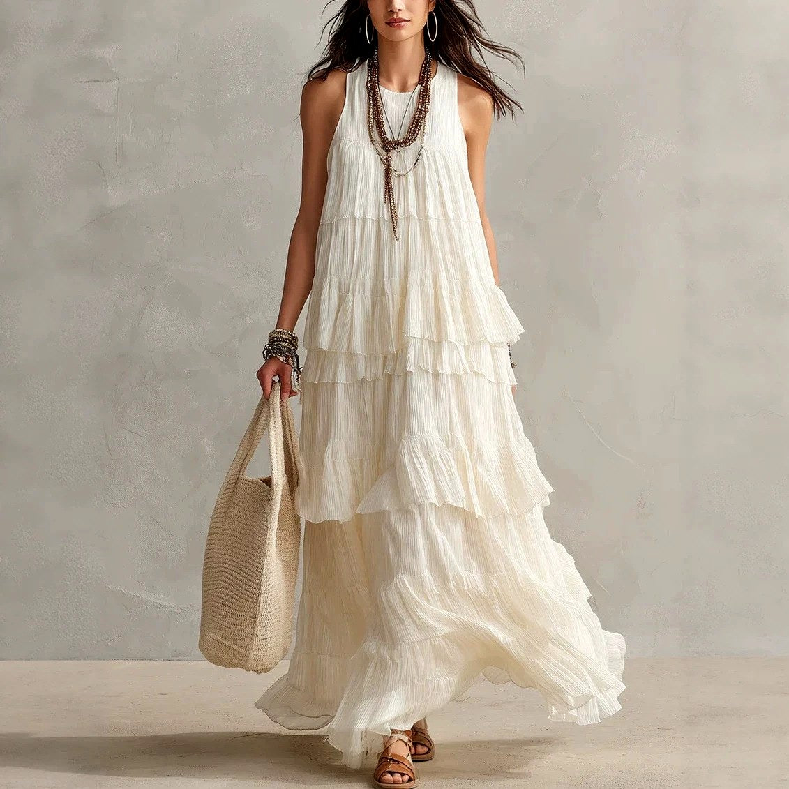 Haldis - Women's Crinkle Sleeveless Tiered Maxi Dress 1