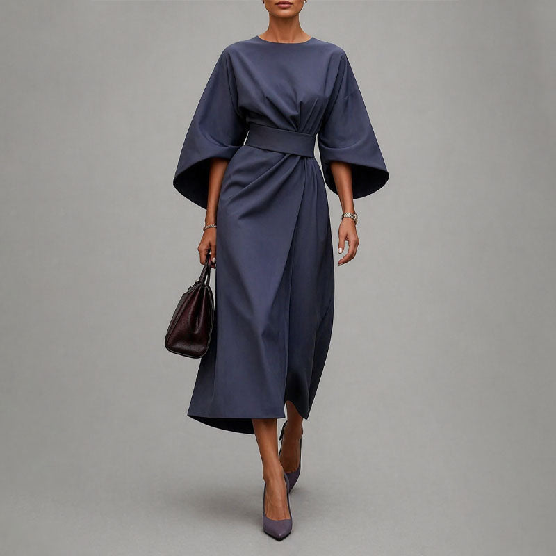 Harper - Women's Belted Midi Dress with Batwing Sleeves