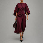 Harper - Women's Belted Midi Dress with Batwing Sleeves