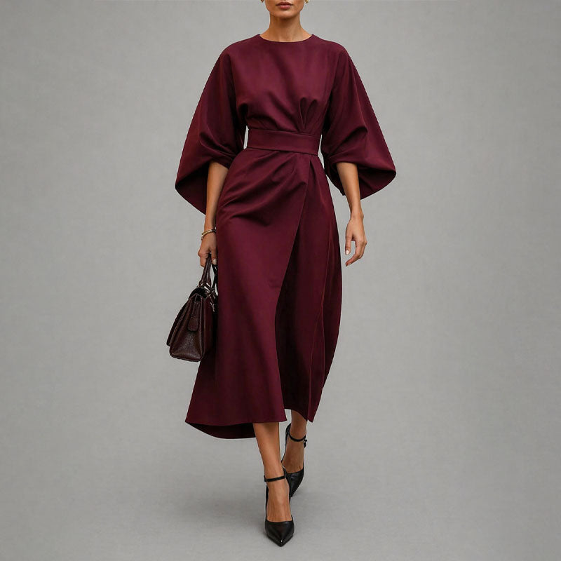 Harper - Women's Belted Midi Dress with Batwing Sleeves