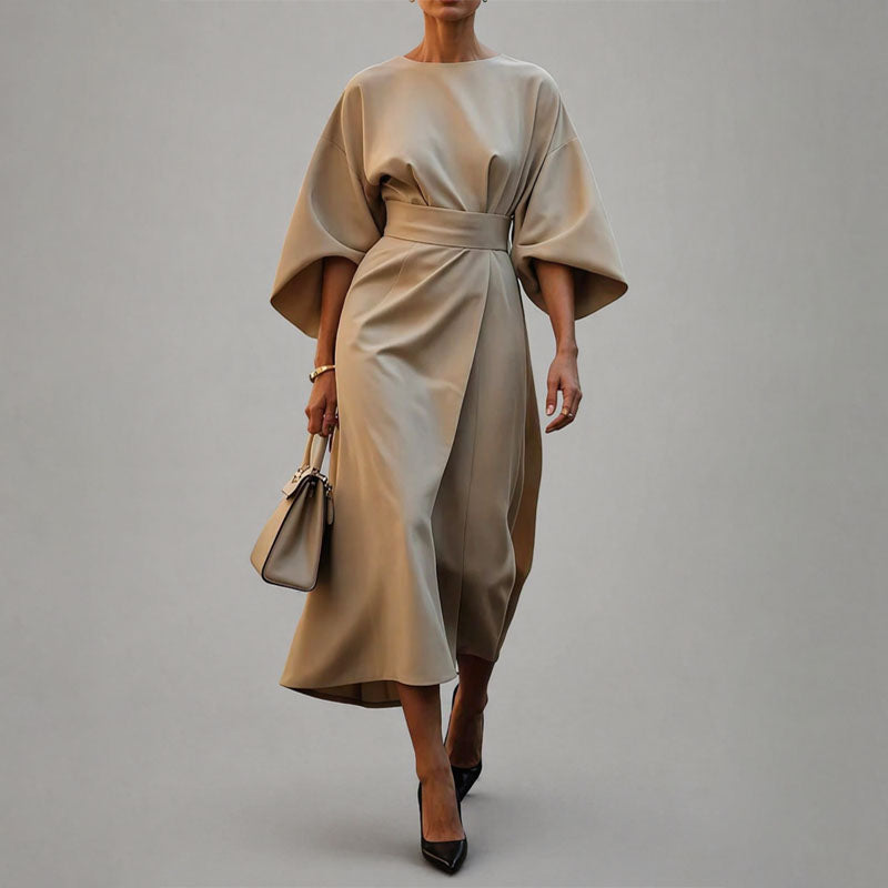 Harper - Women's Belted Midi Dress with Batwing Sleeves
