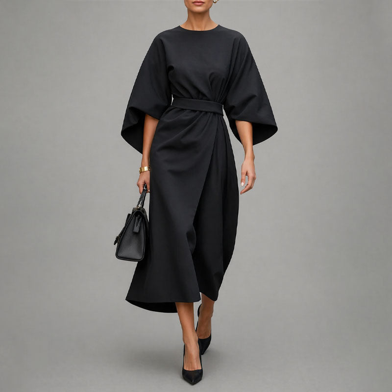 Harper - Women's Belted Midi Dress with Batwing Sleeves