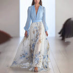 Henrietta - Women's Floral A-Line Maxi Dress with Blouson Sleeves