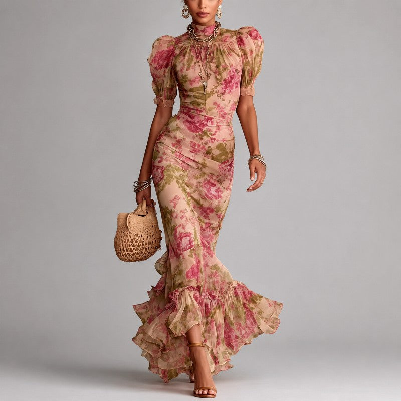 Holly - Women's Floral Puff-Sleeve Mermaid Ruffle Maxi Dress 1