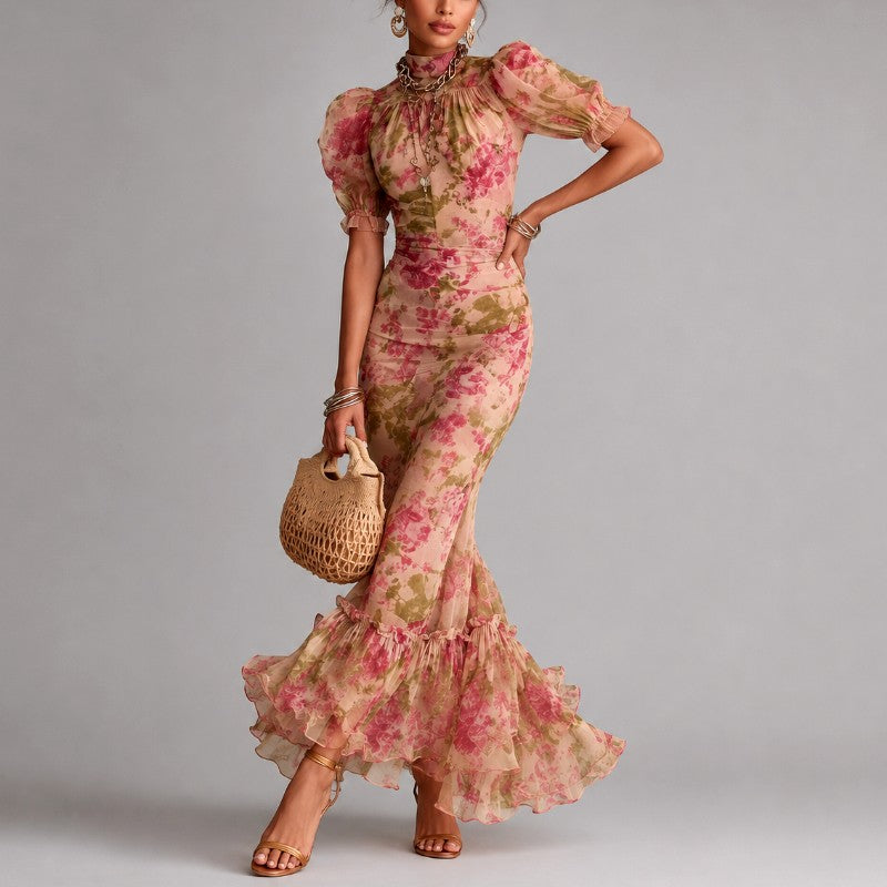 Holly - Women's Floral Puff-Sleeve Mermaid Ruffle Maxi Dress 2