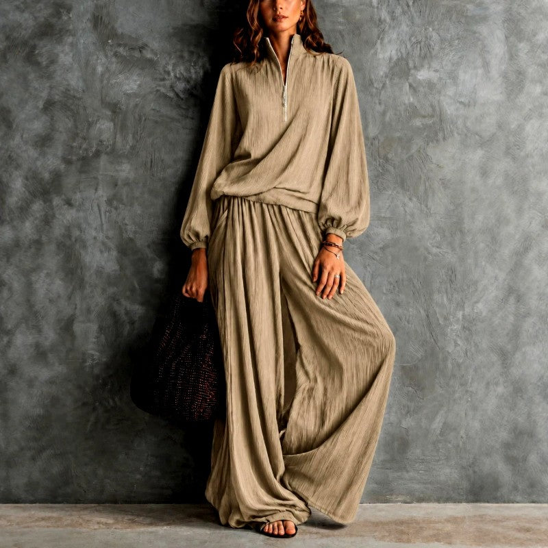 Hosanna - Women's Crinkled Half-Zip Wide Leg Matching Set 1