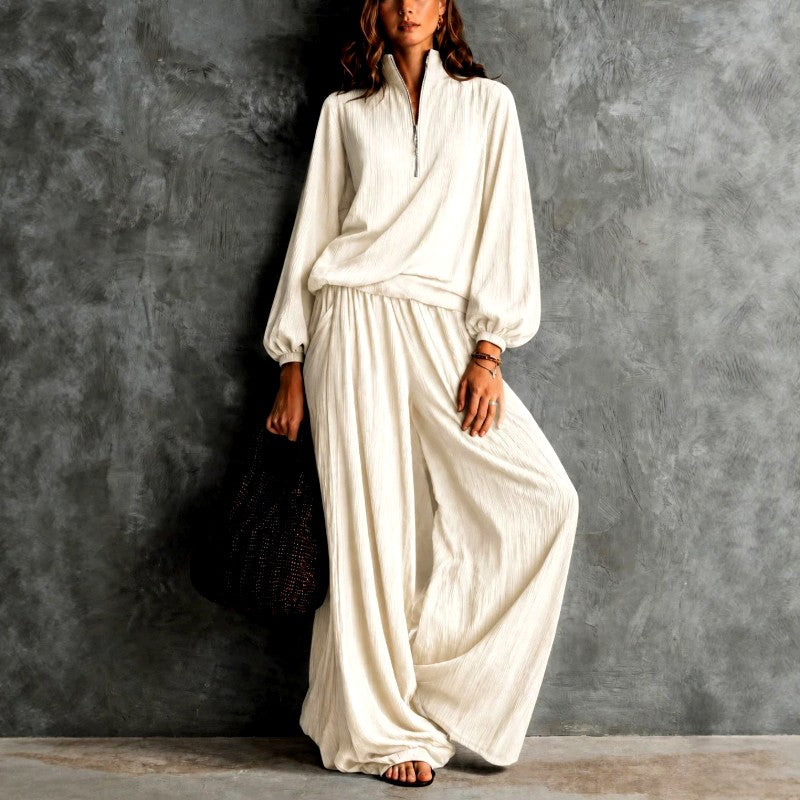 Hosanna - Women's Crinkled Half-Zip Wide Leg Matching Set 3