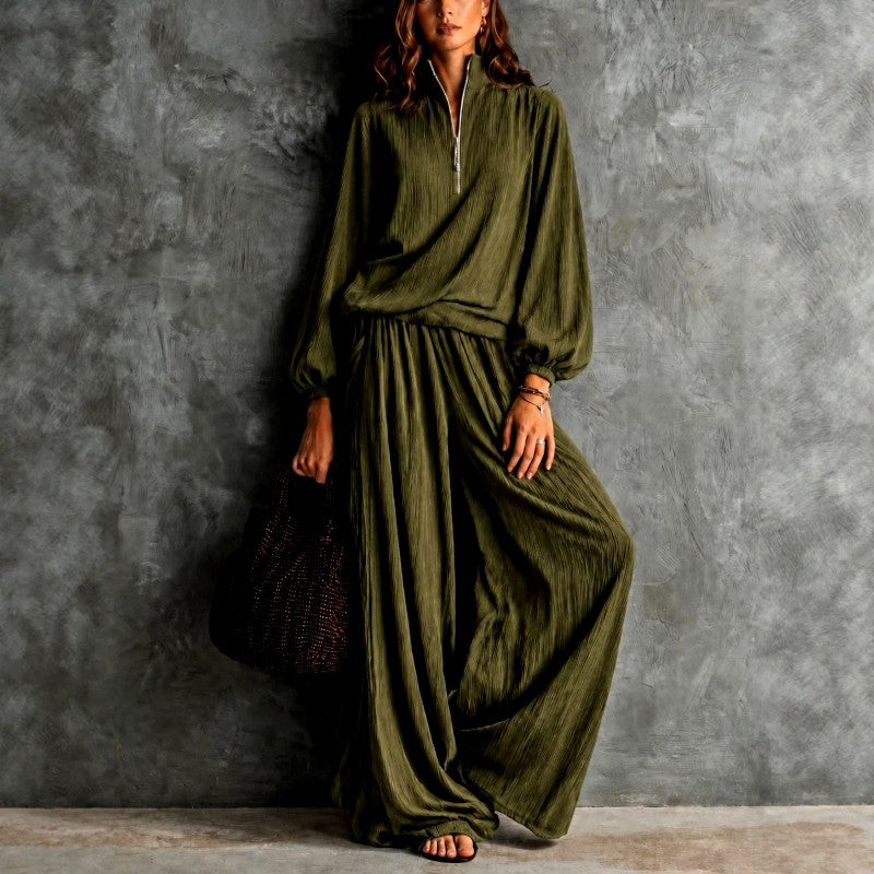 Hosanna - Women's Crinkled Half-Zip Wide Leg Matching Set 4