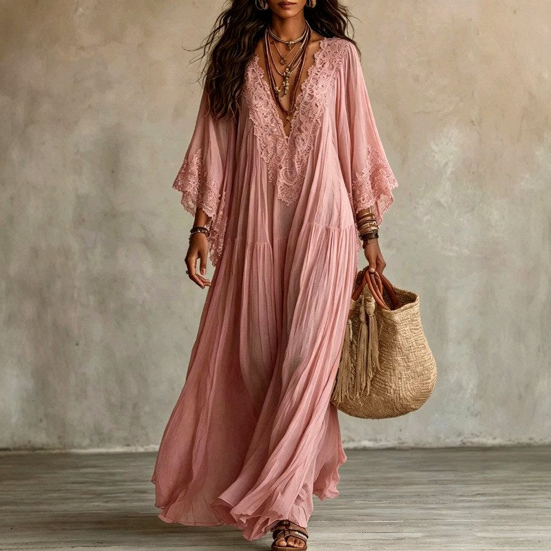Hosanna - Women's Lace Trim Boho Maxi Dress 3