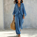 Indra - Women's Polka Dot V-Neck Wide Leg Matching Set 1