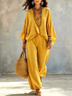 Indra - Women's Polka Dot V-Neck Wide Leg Matching Set 2