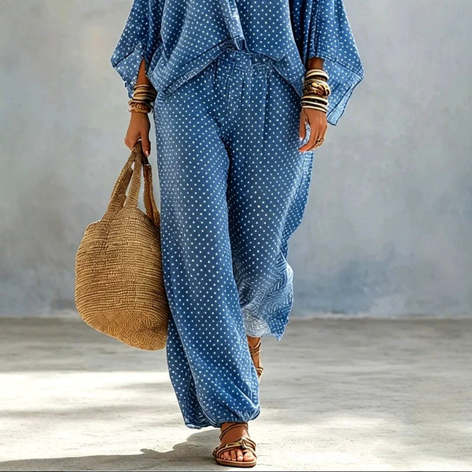 Indra - Women's Polka Dot V-Neck Wide Leg Matching Set 5
