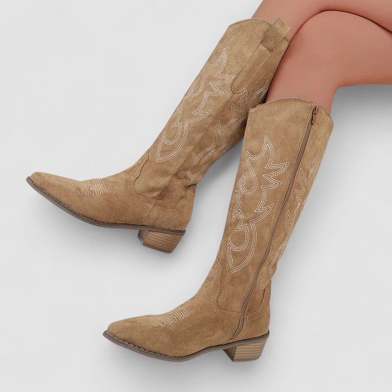 Irene - Women's Suede Knee-High Boots with Western Embroidery