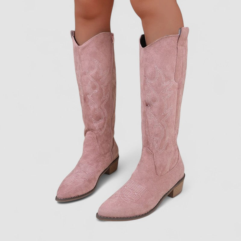 Irene - Women's Suede Knee-High Boots with Western Embroidery