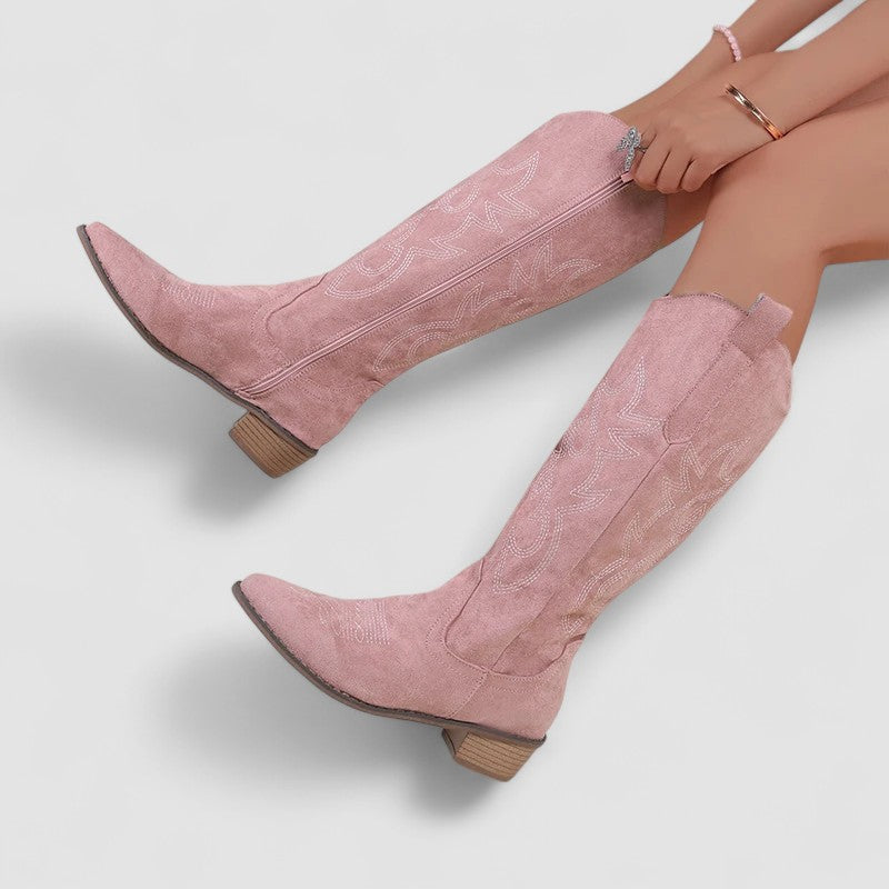 Irene - Women's Suede Knee-High Boots with Western Embroidery