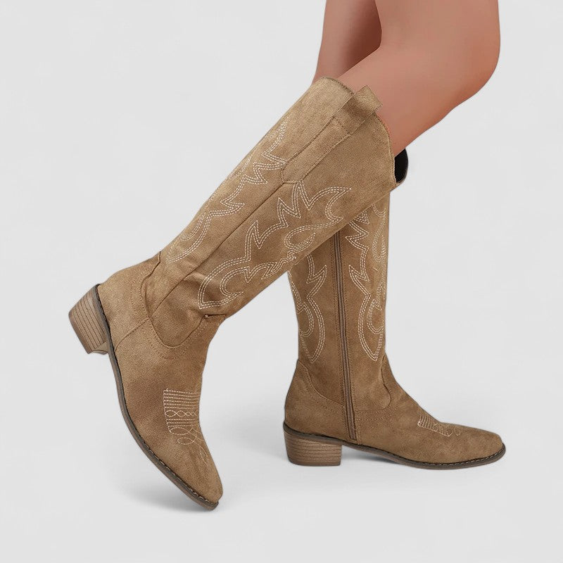 Irene - Women's Suede Knee-High Boots with Western Embroidery