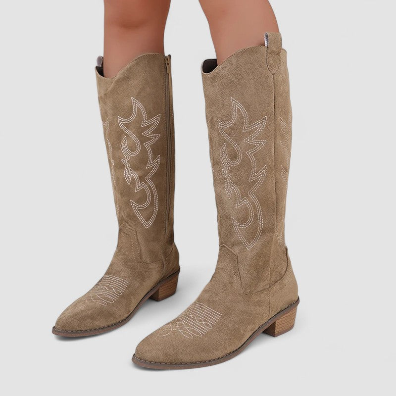 Irene - Women's Suede Knee-High Boots with Western Embroidery