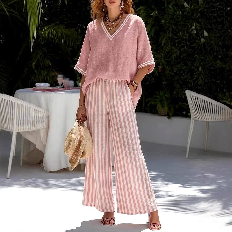 Irene - Women's Striped V-Neck Wide Leg Matching Set 2
