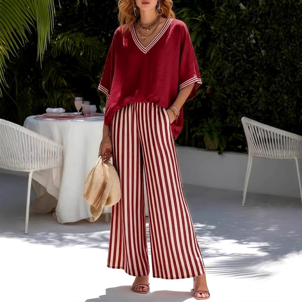 Irene - Women's Striped V-Neck Wide Leg Matching Set 3