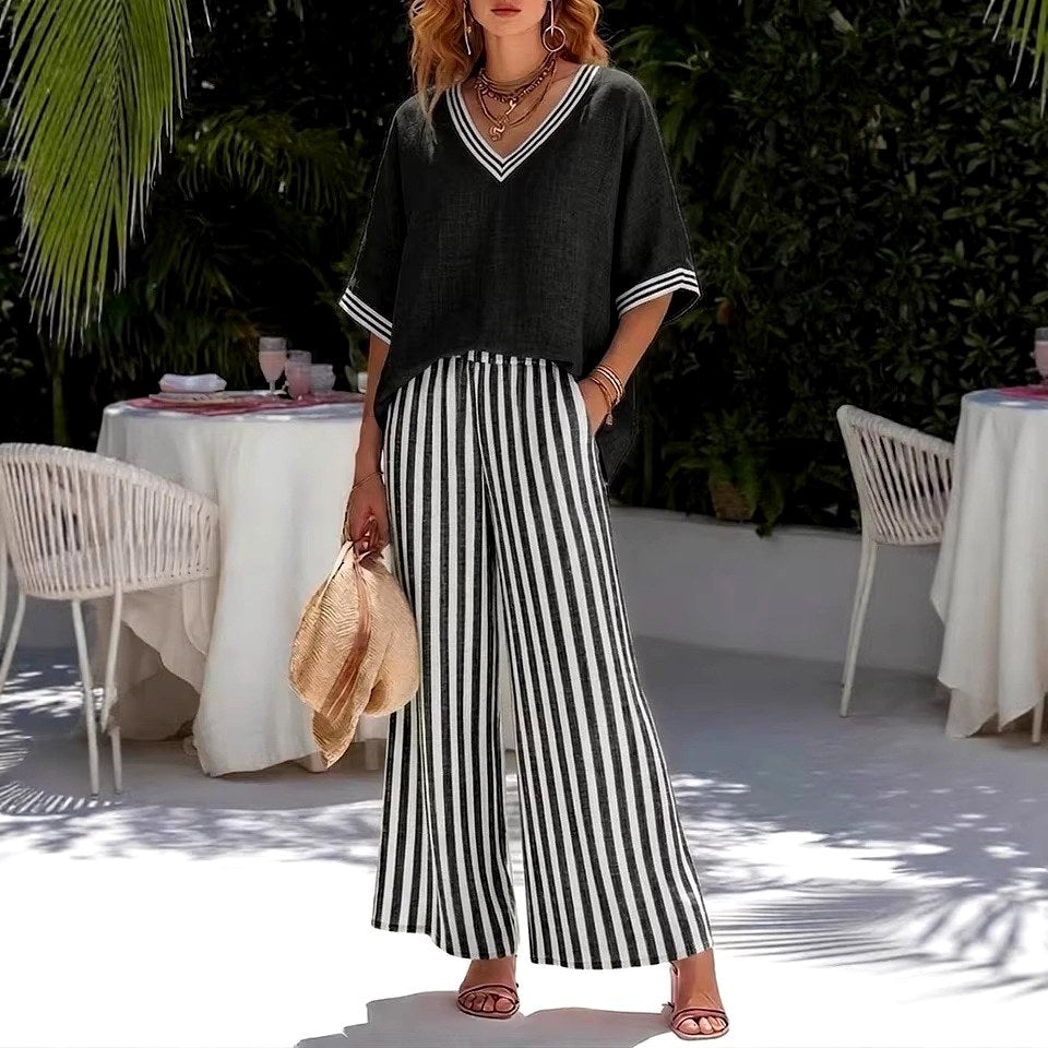 Irene - Women's Striped V-Neck Wide Leg Matching Set 4