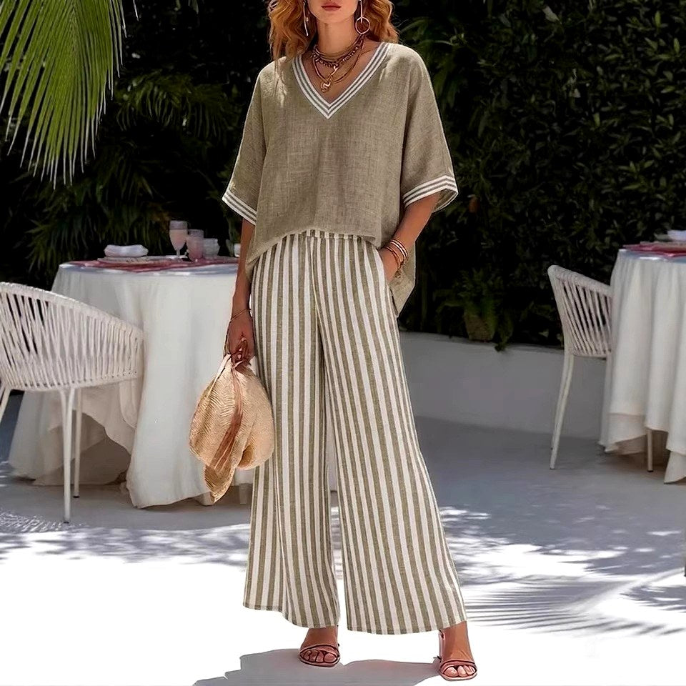 Irene - Women's Striped V-Neck Wide Leg Matching Set 5
