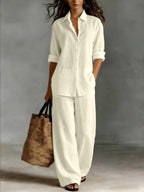 Iria - Women's Cotton Collared Shirt and Wide Leg Pants Set 1